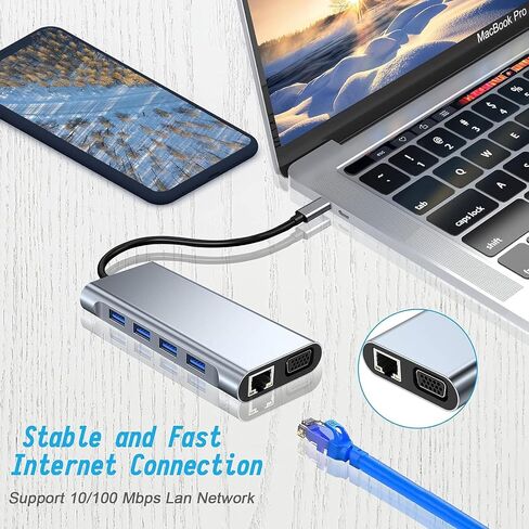 محور USB C، محول USB C 1 في 1 دونجل مع 4K HDMI وVGA وType C PD وUSB3.0 وRJ45 Ethernet متوافقة مع أجهزة الكمبيوتر المحمول in Kuwait