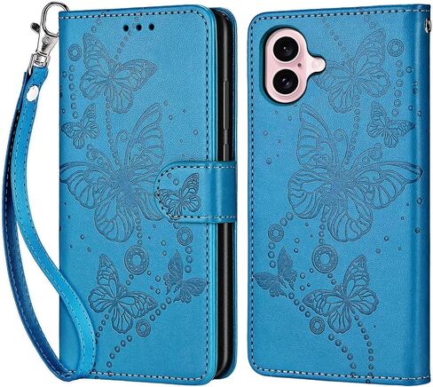 حافظة محفظة لهاتف iPhone 16، غطاء قابل للطي مع ميزة حامل للنساء والرجال، حافظة هاتف من جلد البولي يوريثان مناسبة لهاتف iPhone 16 6.1 بوصة [فراشة زرقاء] in Kuwait