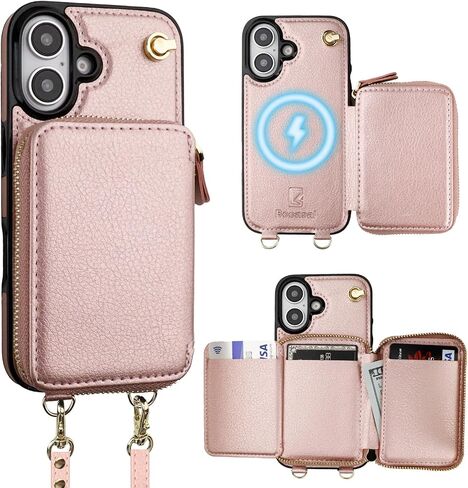 Bocasal for MagSafe Crossbody Wallet Case Compatible with iPhone 16, RFID Blocking Protective Purse Case with Card Slots Holder Kickstand Wrist Strap Lanyard Zipper 6.1 Inch 5G (Rose Gold) in Kuwait