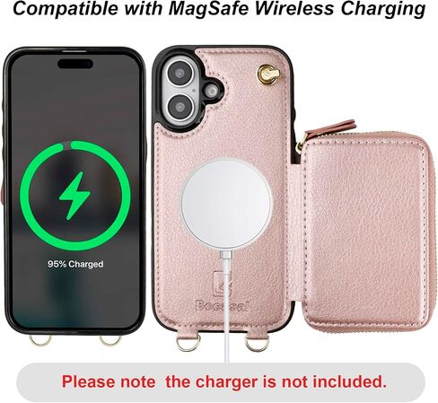 Bocasal for MagSafe Crossbody Wallet Case Compatible with iPhone 16, RFID Blocking Protective Purse Case with Card Slots Holder Kickstand Wrist Strap Lanyard Zipper 6.1 Inch 5G (Rose Gold) in Kuwait