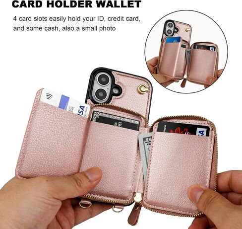 Bocasal for MagSafe Crossbody Wallet Case Compatible with iPhone 16, RFID Blocking Protective Purse Case with Card Slots Holder Kickstand Wrist Strap Lanyard Zipper 6.1 Inch 5G (Rose Gold) in Kuwait