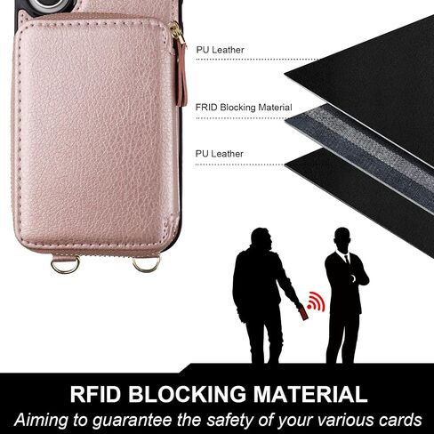 Bocasal for MagSafe Crossbody Wallet Case Compatible with iPhone 16, RFID Blocking Protective Purse Case with Card Slots Holder Kickstand Wrist Strap Lanyard Zipper 6.1 Inch 5G (Rose Gold) in Kuwait