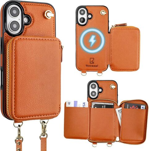 Bocasal for MagSafe Crossbody Wallet Case Compatible with iPhone 16, RFID Blocking Protective Purse Case with Card Slots Holder Kickstand Wrist Strap Lanyard Zipper 6.1 Inch 5G (Rose Gold) in Kuwait