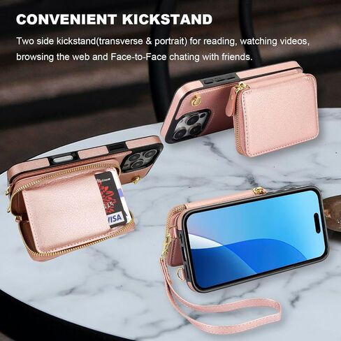 Bocasal for MagSafe Crossbody Wallet Case Compatible with iPhone 16, RFID Blocking Protective Purse Case with Card Slots Holder Kickstand Wrist Strap Lanyard Zipper 6.1 Inch 5G (Rose Gold) in Kuwait