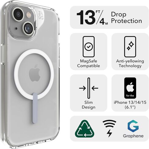 حافظة هاتف ZAGG Crystal Palace Snap iPhone 15/14/13 شفافة مع مسند مدمج - حماية من السقوط (13أقدام/4م)، جرافين متين، حافظة هاتف MagSafe مقاومة للاصفرار، ومقاومة للخدش in Saudi Arabia