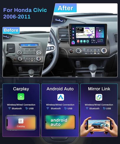 Podofo 8 Core 8GB+128GB Android Car Radio for Honda Civic 2006-2011 Stereo, CarPlay, Android Auto, 10.1 inch 1280P IPS Touch Screen, WiFi/4G, GPS, DSP/Hi-Res, AM/FM, BT 5.0, Backup Camera in Saudi Arabia