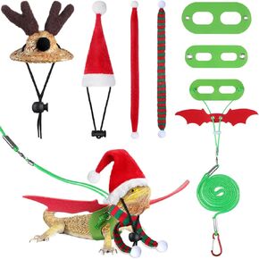 7 Pieces Christmas Bearded Dragon Santa Hat Scarf Lizard Leash Harness Set Bearded Dragon Costume Christmas Lizard Scarf Hat Xmas Lizard Costume Accessories for Reptile Christmas Cosplay Photo Prop