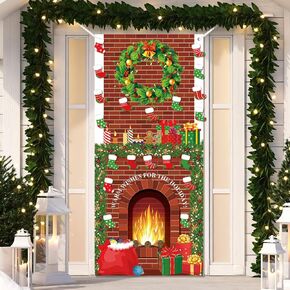 1 Pcs Christmas Fireplace Backdrops Xmas Door Cover Classroom Christmas Door Decorations with 40 Pcs Christmas Socking Cutouts for Xmas Front Door Classroom Decor,6.6x3ft