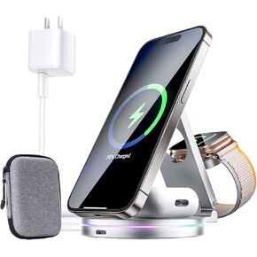 3 in 1 Wireless Charging Station for Apple Charger, 15W Fast Mag-Safe Qi-Certified Magnetic Portable Charger Stand for iPhone 1615141312 Apple Watch AirPods 3/2 Pro, Adjustable Angle