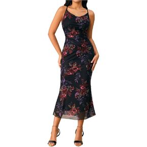 Milumia Women's Floral Ruched Mesh Bodycon Maxi Dress Cowl Neck Long Cami Dress