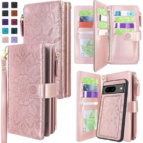 Harryshell Compatible with Google Pixel 8 Case Wallet Detachable Magnetic Cover Leather Case Cover with Cash Coin Zipper Pocket 12 Card Slots Holder Wrist Strap Lanyard (Flower Purple)
