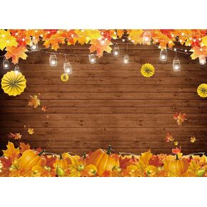 7x5ft Thanksgiving Day Theme Party Decoration Autumn Pumpkins Harvest Photography Backdrop Baby Shower Supplies Maple Leaves and Wood Background Cake Table Decor