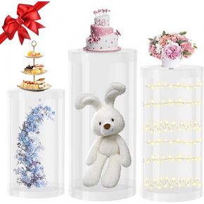 Cylinder Pedestal Stands Set of 3, Clear Cylinder Pedestal for Party Reusable Round Cylinder Plinths Dessert Cake Table Display Pillars for Wedding, Birthday, Banquet, Baby Shower Parties Decor