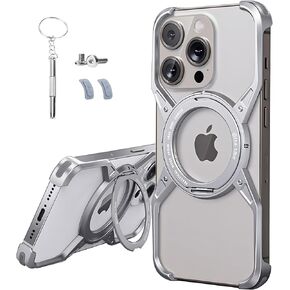 Frameless Magnetic Case for iPhone 15 Pro Max / 14 Pro Max / 13 Pro Max with Stand, Fit for MagSafe, Rotatable Ring Kickstand Bezel Less Minimalist Heat Dissipation Slim Shockproof Metal Bumper Case