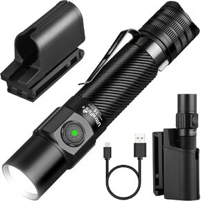 ULTRAFIRE T5 Tactical Flashlight with Holster, 1800 High Lumen Flashlight with Duty Belt Holster, Rechargeable Flashlight for Police, Law Enforcement, 5 Modes Security LED Flashlights with Dual Switch