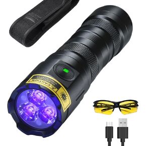 DARKDAWN High Power UV 395nm Flashlight USB Rechargeable, 3 LEDs Ultraviolet Flashlights Handheld,20W Mini Black Light Woods Lamp, Resin Curing, Spot Scorpions,Detector for Pet Dog Urine