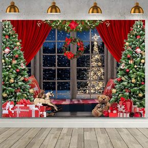 MEHOFOND Christmas Window Backdrop for Photography Winter Snow Xmas Tree Gift Party Decorations Window Background Baby Kids Family Portrait Banner Cake Table Decor Studio Photo Props 10x7ft