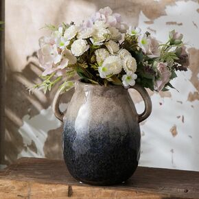 Ceramic Vase for Home Decor, Rustic Pottery Flower Vase with 2 Handles, Vintage Terracotta Decorative Vases for Flowers, Dried Flower, Centerpieces for Dining Table, 7 Inch, Blue