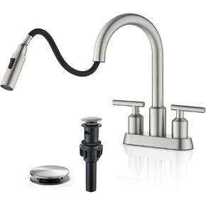 4 Inch Centerset Bathroom Faucet with Pull Out Sprayer, Two Handles Lavatory Vanity Faucet with Retractable Hose,3 Hole Bathroom Sink Faucet Pull Down Utility Faucet, Matte Black