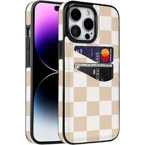 for iPhone 13/14/15 Case with Card Holder Soft Leather Wallet Case Protective Shockproof Hard Cover for Women Man (Checkerboard)