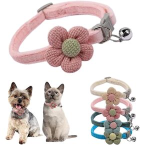XXS Dog Collar with Bell,Pink Flower Cat Collar with Bells Suede Girl Cute Fancy Puppy Collar with Bells for XXS XS Tiny Little Kitten Pet Female Dogs,Neck 8-12 Inch