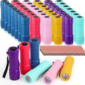 48 Pcs Mini Small Flashlights Bulk with 144 AAA Batteries and Lanyard Mini Assorted Color Handheld 9 LED Flashlights for Night Reading Kids Camping Class Teaching Party Emergency Hunting