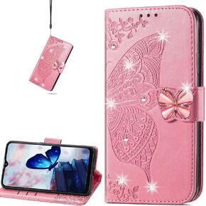 CCSmall for Samsung Galaxy A14 5G Wallet Case for Women Girls, Shiny Butterfly Flower PU Leather Cover with Card Slot Holder Flip Phone Case for Samsung Galaxy A14 5G Rhinestone Pink