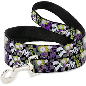 Nickelodeon Pet Leash, Dog Leash, Invader Zim Gir Doom Pose Checker Black Gray, 4 Feet Long 1.0 Inch Wide