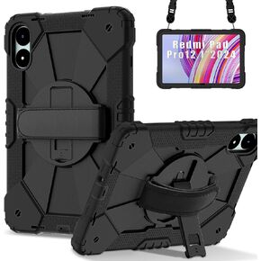 for Xiaomi Redmi Pad Pro 12.1"/Xiaomi Poco Pad 12.1" Case with with Kickstand/Hand Strap/Rotating/Shoulder Strap (Black/Black)