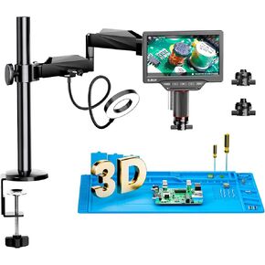 Elikliv 3D 3K Digital Microscope with Dual Lens, EM3K-3D 7" HDMI Flex Arm Micro Soldering Microscope for Adults, Coin Microscope with Light, LCD Microscopes with Screen, Electronics Repair Mat, 64G