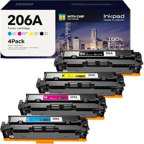 206A Toner Cartridges 4 Pack (with Chip) 丨W2110A Compatible with HP 206A 206X for HP Color Laserjet Pro MFP M282nw M283fdn M283cdw M255dw M255nw M554 Printer丨W2111A W2112A W2113A（B/C/M/Y