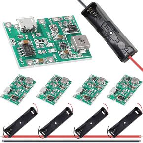 5 قطع وحدة شاحن بطارية 18650 ليثيوم أيون وحدة شاحن بطارية 3.7 فولت 4.2 فولت إلى 27 فولت وحدة تصعيد قابلة للتعديل + 5 قطع حامل بطارية 18650 مع كابل 26AWG أحمر وأسود in Kuwait