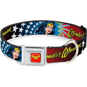 Buckle-Down Seatbelt Buckle Dog Collar - Wonder Woman Face w/Stars - 1" Wide - Fits 15-26" Neck - Large