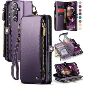 Defencase Compatible with Samsung Galaxy S24 FE Case Wallet with RFID Blocking Card Holder for Women Men, PU Leather Magnetic Snap Flip Zipper Strap Wallet Phone Case for Galaxy S24 FE 5G 6.7", Purple
