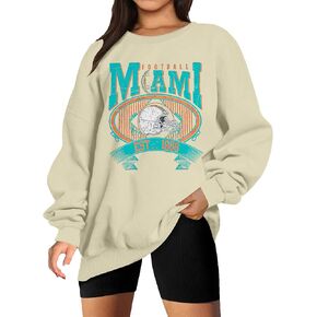 FASHGL Miami Football Sweatshirt Women Game Day قميص كبير الحجم Sunday Funday Football Season كم طويل قميص