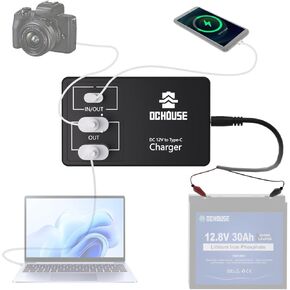 DC HOUSE 12V DC Converter or 3 Amp Battery Charger, Multi Port Adapter with Battery Clip Output DC 5V 3A 45W USB-C USB-A for iPhone Android and Tablet Chargers