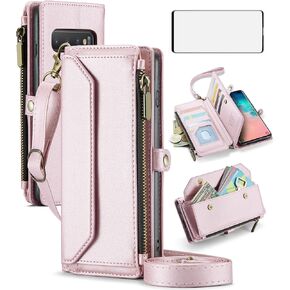 Asuwish Phone Case for Samsung Galaxy S10 Zipper Wallet Cover with Tempered Glass Screen Protector and Flip RFID Blocking Credit Cash Card Holder Stand Cell S 10 Edge 10S GS10 X10 Women Girls Wine Red
