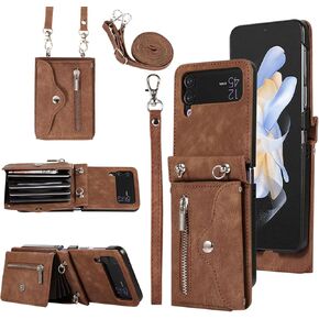 Phone Case for Samsung Galaxy Z Flip 4 5G 2022 Wallet Cover with Wrist Crossbody Strap Lanyard Credit Card Holder Stand Shoulder Slot Leather Cell Accessories ZFlip4 Z4 Flip4 4Z Women Men Brown