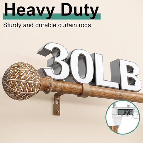 قضبان ستائر خشبية للنوافذ من 28 إلى 48 بوصة (2.3-4 قدم)، وقضبان ستائر بقطر 1 بوصة مع تشطيبات نمط أوراق الحبوب الخشبية المقلدة، مجموعة قضبان ستائر متينة قابلة للتعديل من بوهو، 18-45 بوصة in Kuwait