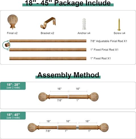 قضبان ستائر خشبية للنوافذ من 28 إلى 48 بوصة (2.3-4 قدم)، وقضبان ستائر بقطر 1 بوصة مع تشطيبات نمط أوراق الحبوب الخشبية المقلدة، مجموعة قضبان ستائر متينة قابلة للتعديل من بوهو، 18-45 بوصة in Kuwait