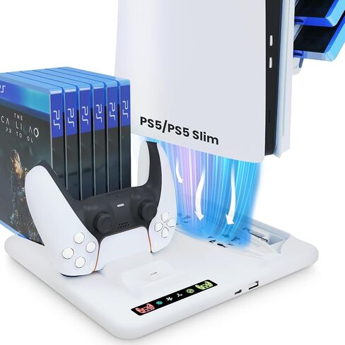 PS5 / PS5 Slim Cooling Stand with Dual Controller Charger, LED Indicators - Vertical Stand for PlayStation 5 Slim and PS5 Console - Keep Your Gaming Smooth and Cool Maximized Performance in Saudi Arabia