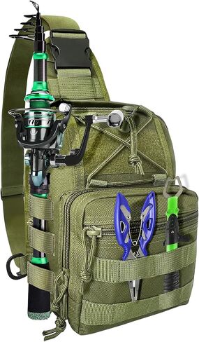 Fishing Backpack Fishing Tackle Storage Bag Fishing Gear with Rod Holder Sling Backpack Fishing Storage Backpack Fishing Gift for Outdoor Hiking,Travel,Hunting (B-Army Green) in Saudi Arabia
