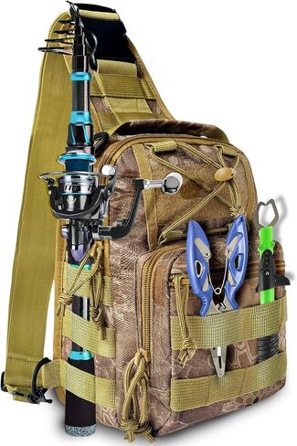 Fishing Backpack Fishing Tackle Storage Bag Fishing Gear with Rod Holder Sling Backpack Fishing Storage Backpack Fishing Gift for Outdoor Hiking,Travel,Hunting (B-Army Green) in Saudi Arabia