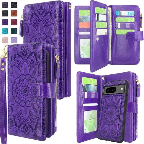 Harryshell Compatible with Google Pixel 8 Case Wallet Detachable Magnetic Cover Leather Case Cover with Cash Coin Zipper Pocket 12 Card Slots Holder Wrist Strap Lanyard (Flower Purple) in Saudi Arabia