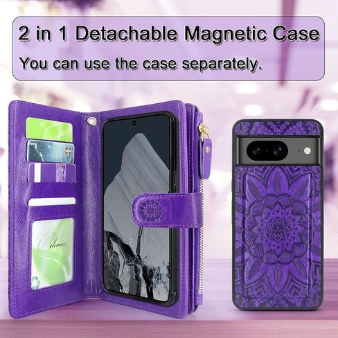 Harryshell Compatible with Google Pixel 8 Case Wallet Detachable Magnetic Cover Leather Case Cover with Cash Coin Zipper Pocket 12 Card Slots Holder Wrist Strap Lanyard (Flower Purple) in Saudi Arabia