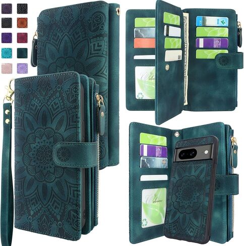 Harryshell Compatible with Google Pixel 8 Case Wallet Detachable Magnetic Cover Leather Case Cover with Cash Coin Zipper Pocket 12 Card Slots Holder Wrist Strap Lanyard (Flower Purple) in Saudi Arabia