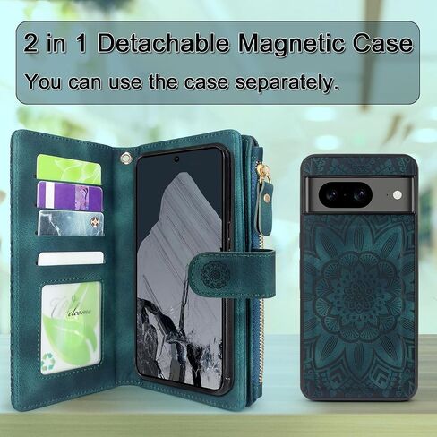 Harryshell Compatible with Google Pixel 8 Case Wallet Detachable Magnetic Cover Leather Case Cover with Cash Coin Zipper Pocket 12 Card Slots Holder Wrist Strap Lanyard (Flower Purple) in Saudi Arabia