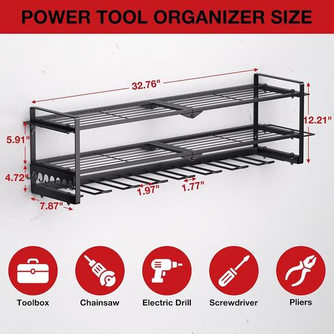Power Tool Organizer Wall Mount, 3 Layers Heavy Duty Metal Storage Rack with 4 Drill Holders for Garage Organization, Storage Rack for Cordless Drill, Tool Shelf for Garage/Workshop/Pegboard/Shed in Saudi Arabia