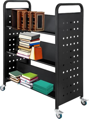 عربة كتب OUKIDR، عربة مكتبة 3 أرفف، عربة كتب دوارة من جانب واحد على شكل حرف V مع 4 عجلات قابلة للقفل للأرفف المنزلية، شاحنة كتب مدرسية للمكتب، أسود in Kuwait