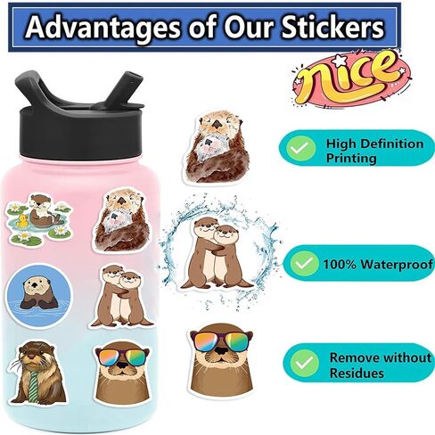 Cute Otter Stickers Kawaii Animal Stickers Pack 50PCS, Glueewee Funny Otter Stickers for Water Bottles Laptop Scrapbook Luggage Vinyl Waterproof Decals for Kids Teens Adults in Kuwait